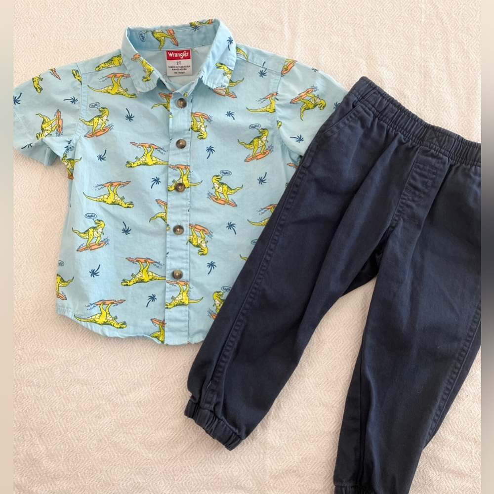 Wrangler button down polo pants surfing dinosaurs set 2T